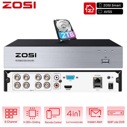 ZOSI H.265+ 8CH 5MP Lite CCTV 4-in-1 DVR for CCTV Security Security Camera System with 2TB HDD Home Outdoor