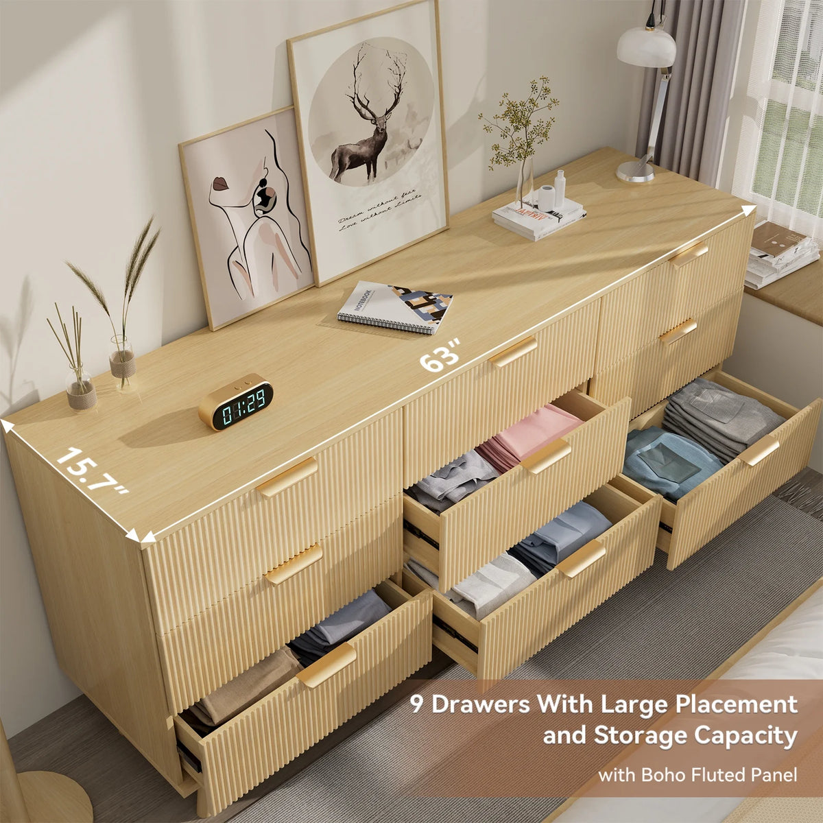 Planntonneo Boho Fluted 6 Drawer Dresser, Wooden Chests for Bedroom