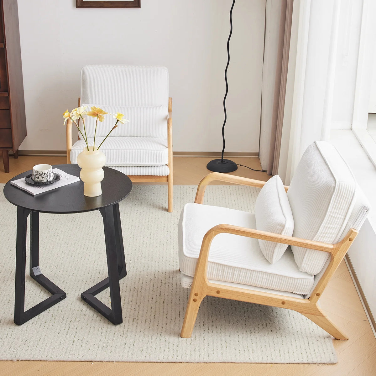 Ktaxon Accent Chair Corduroy Upholstered Armchair, Reading Club Chair with Pillow and Solid Wood Frame for Living Room Bedroom Furniture Off White