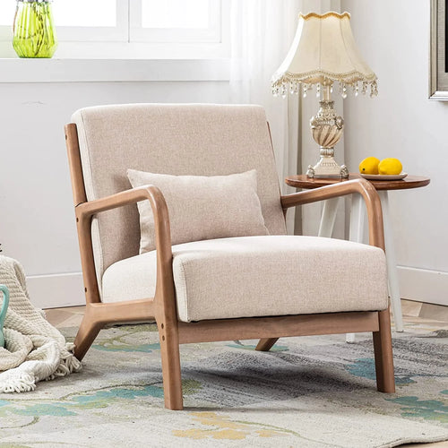 Bonzy Home Mid Century Modern Accent Chair, Single Fabric Lounge Reading Armchair with Solid Wood Frame, Easy Assembly Arm Chairs for Living Room, Beige