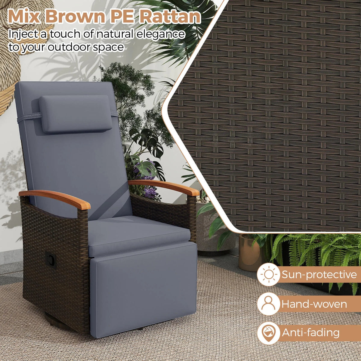 Costway Outdoor 360�� Swivel Rattan Recliner Chair Patio Wicker Chaise Lounge Chair Beige