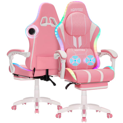 HOFFREE Big and Tall Gaming Chair with Speakers and RGB Lights, Gamer Chair with Footrest, Lumbar Support Height Adjustable 360-Swivel Seat and Headrest for Adults, 400lbs