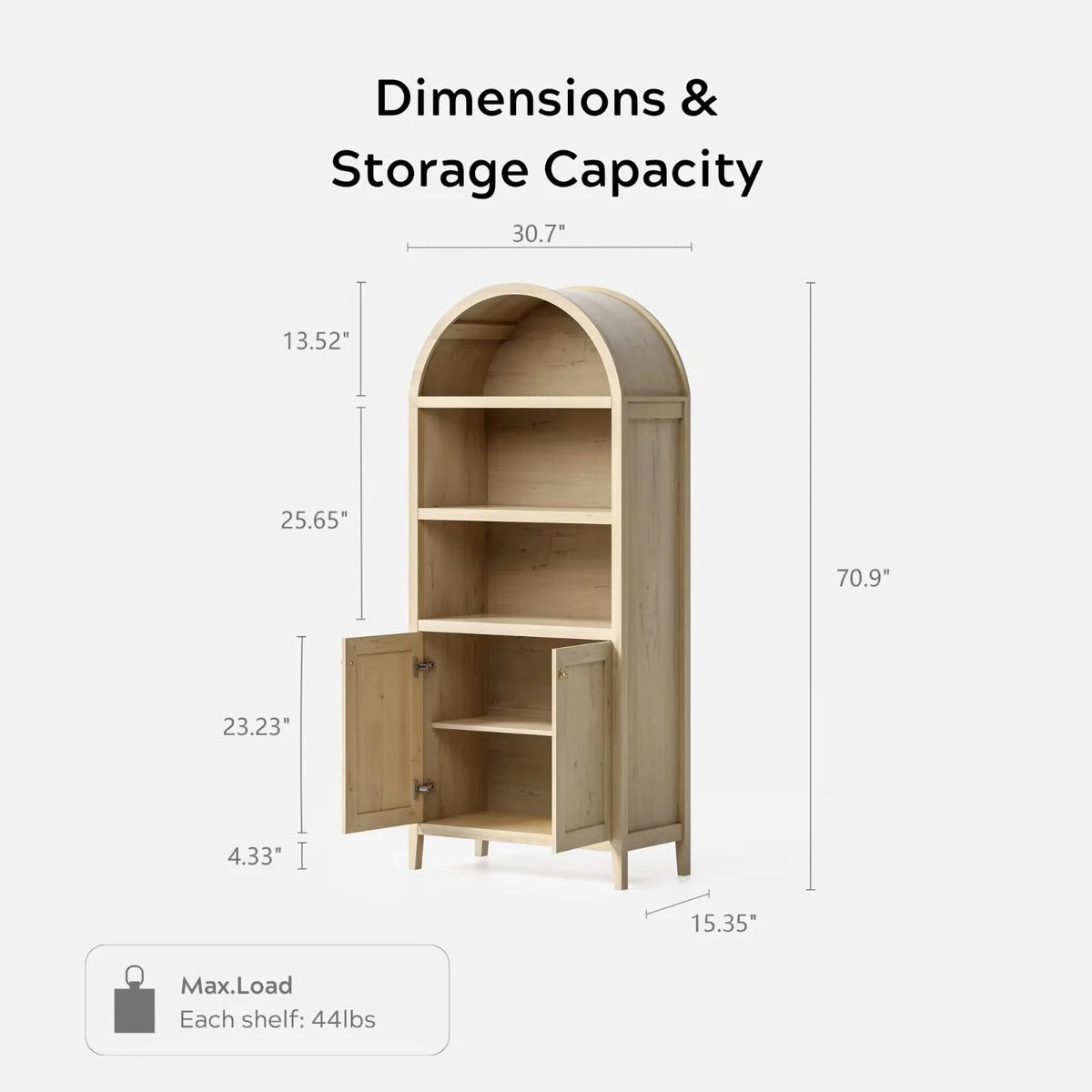 EYYTHUNG 71" Tall Arched Cabinet Modern Farmhouse 5-Tier Arched Bookcase Storage Display Cabinet with Faux Marble Top, Natural Oak