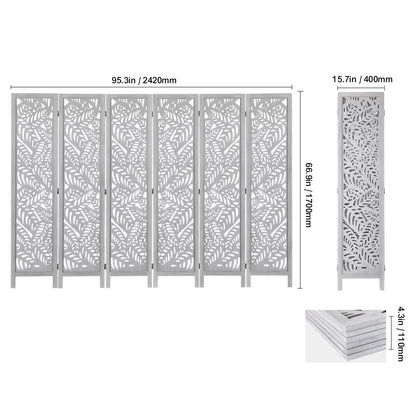 KFFKFF Wooden Space Separator, 6-Panel Foldable Privacy Barrier, 66.9 Inches High Indoor Engraved Partition Screen, Movable Decorative Panel, Ideal for Home, Office, Dining Area & Sleeping Quarters