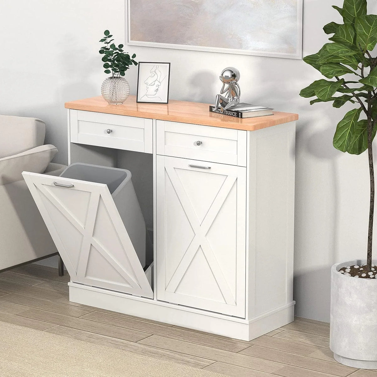 Tolead Double Tilt Out Trash Cabinet, Wooden Free Standing Laundry Sorter Cabinet, with Hideaway Drawer, White