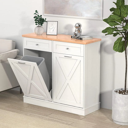 Tolead Double Tilt Out Trash Cabinet, Wooden Free Standing Laundry Sorter Cabinet, with Hideaway Drawer, White