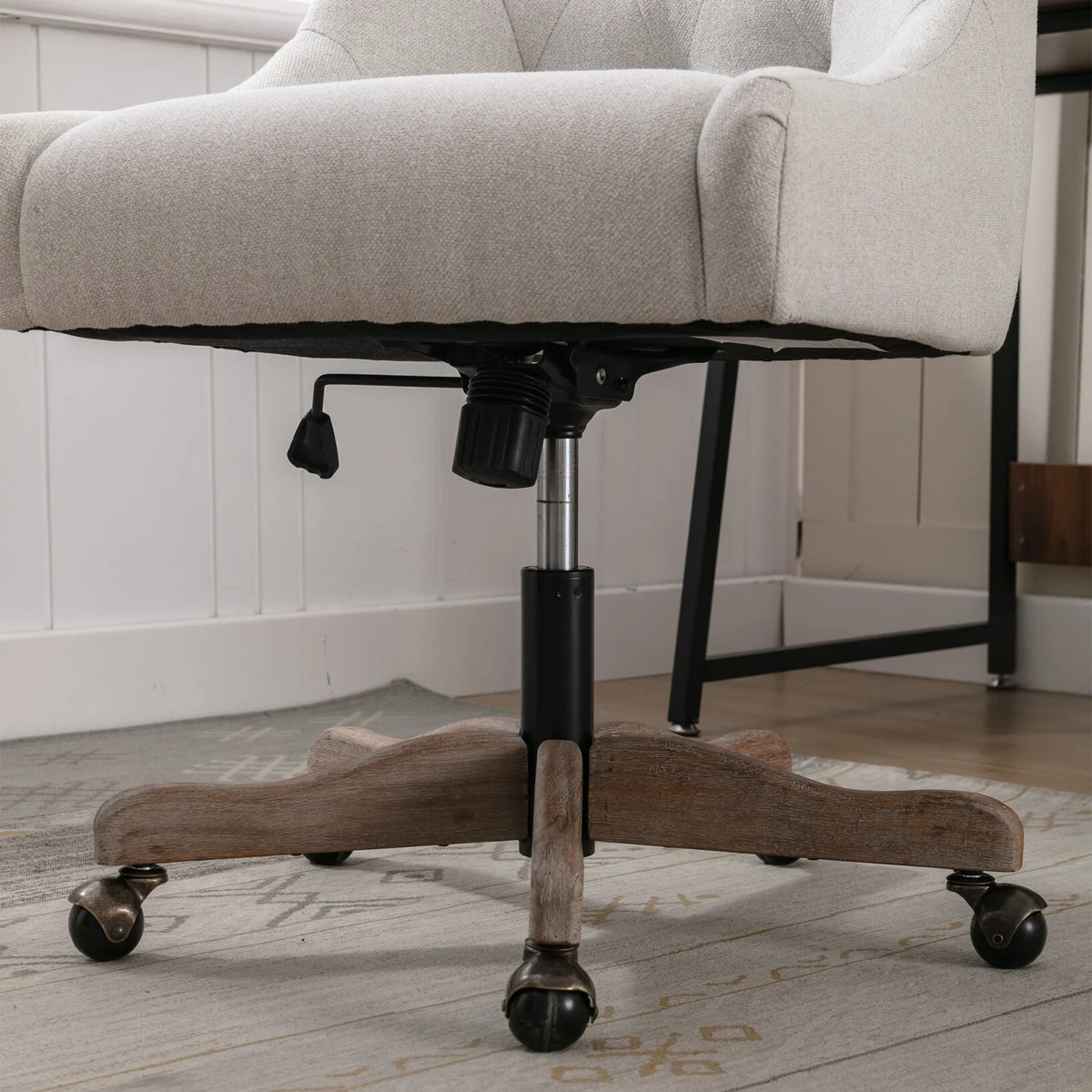 360 Degree Swivel Office Desk Chair, Upholstered Leisure Vanity Chair with Solid Wood Base and Wheels, Adjustable Height Computer Chair for Bedroom Living Room, Brown