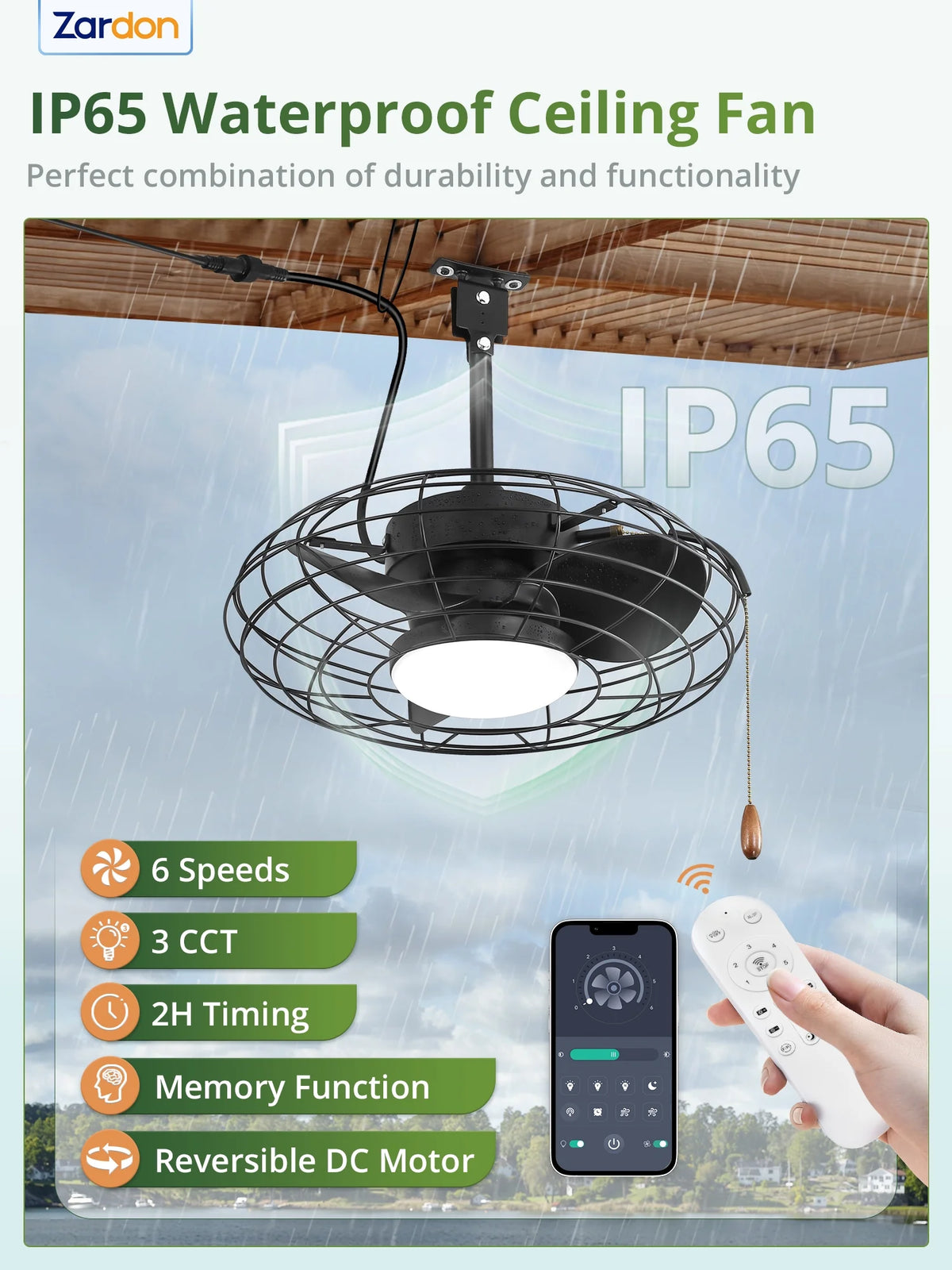 Zardon 20" Outdoor Ceiling Fan with Light and Remote, 7 Blades Caged Waterproof Gazebo Fan for Patio, Porch, Pergola Canopy, App Control