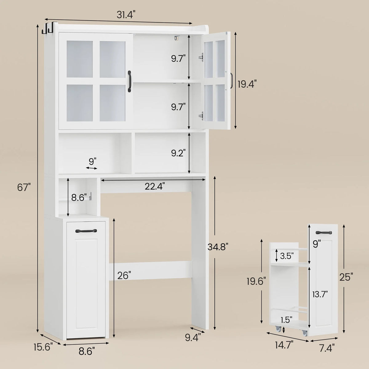 Frhnenha Over The Toilet Storage Cabinet with Pulley, Bathroom Storage Cabinet, with Adjustable Shelf and Open Shelf for Bathroom, Restroom, Laundry, White