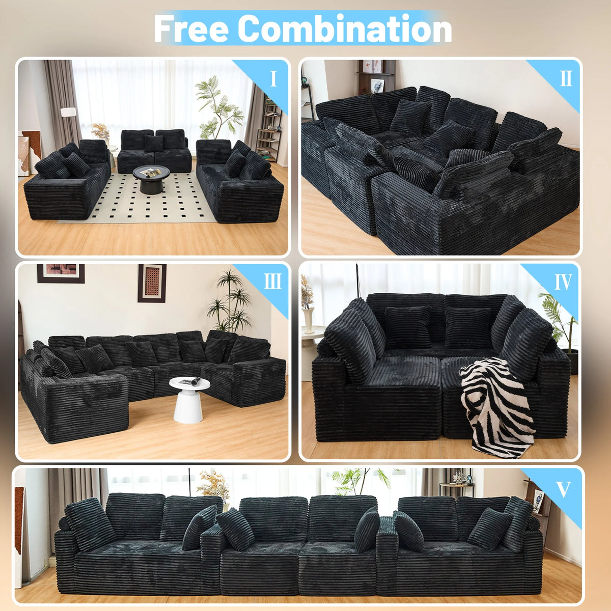 SOULART 135.5 Modular Customizable/L/U-Shape Sofa,Dark Grey Boneless Sectional Couch -  6-Seater Corduroy Couchfor Living Room Furniture