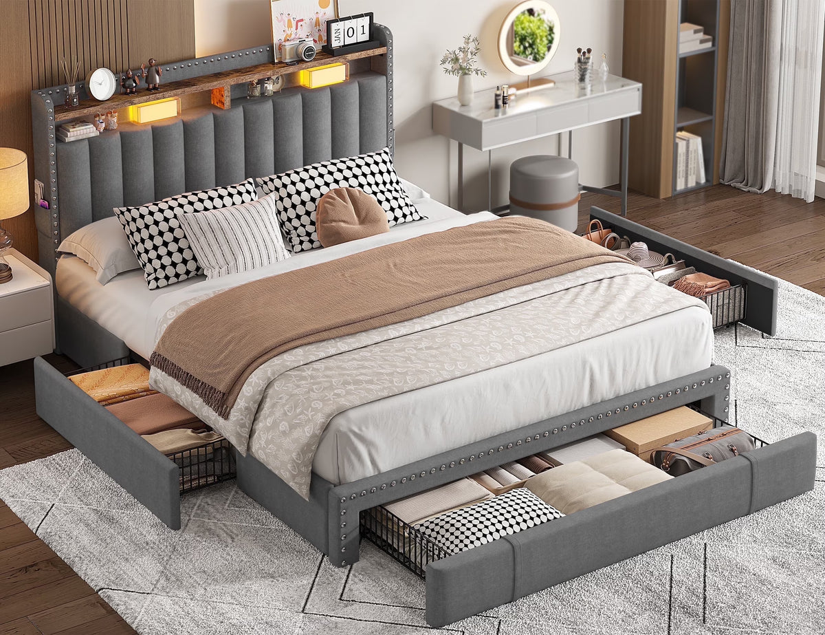 EnHomee Queen Bed Frame with 3 Storage Drawers Upholstered Queen Size Bed Frame with Headboard Noise Free Platform Bed with Metal Frame & Wood Slats Support Beige Bedroom Furniture for Adults Clothes