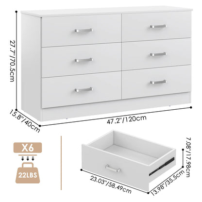 Winkalon 6 Drawer White Double Dresser, Wood Storage Cabinet with Easy Pull Out Handles for Living Room,Chest of Drawers for Bedroom