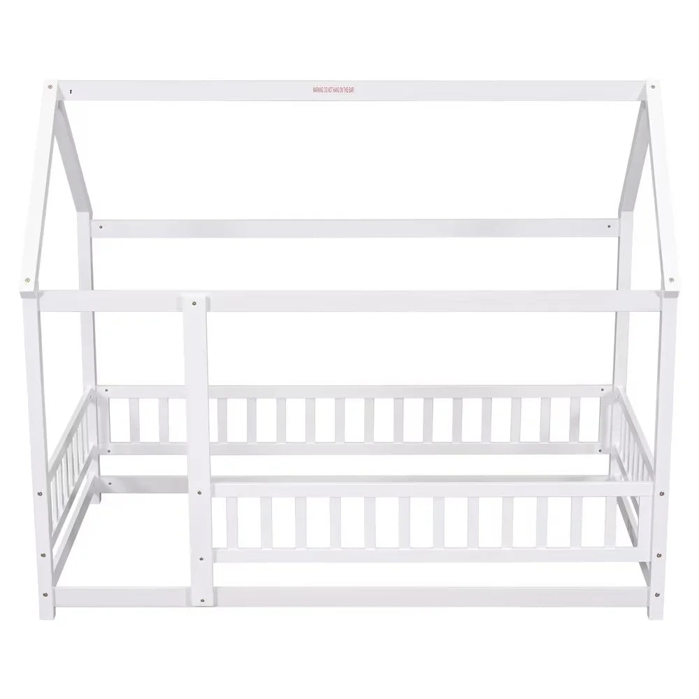 Twin Size House Bed for Boys and Girl, Wooden Canopy Bed Tent Bed, Playhouse Design Bed Frame with Full-lenth Guardrail, Bedroom Furniture, 79.5��L x 44.8��W x 66.2��H, White