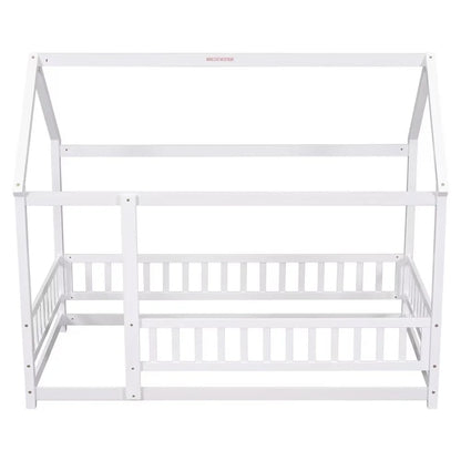 Twin Size House Bed for Boys and Girl, Wooden Canopy Bed Tent Bed, Playhouse Design Bed Frame with Full-lenth Guardrail, Bedroom Furniture, 79.5��L x 44.8��W x 66.2��H, White