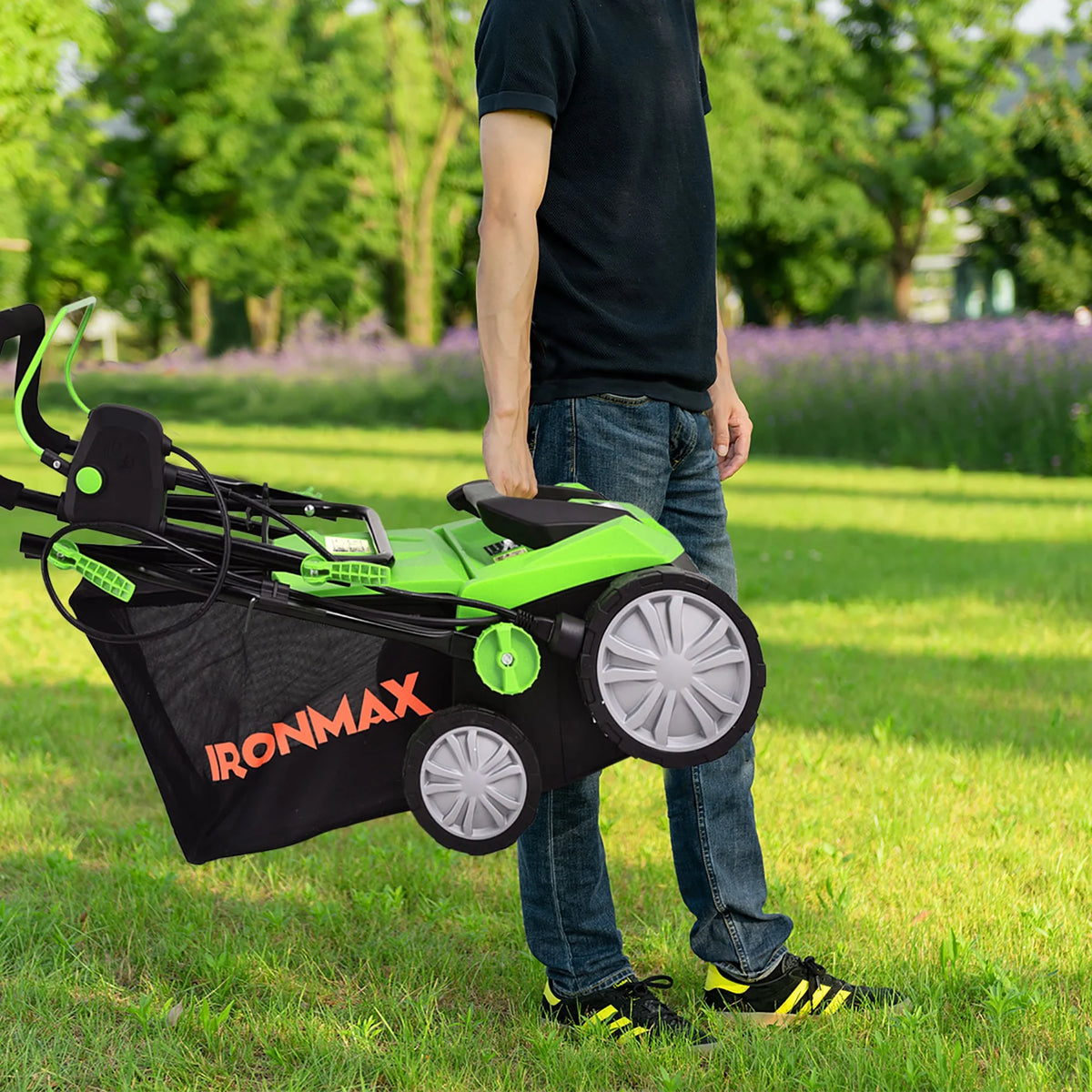 IronMax 13Amp Corded Scarifier 15" Electric Lawn Dethatcher w/50L Collection Bag Orange
