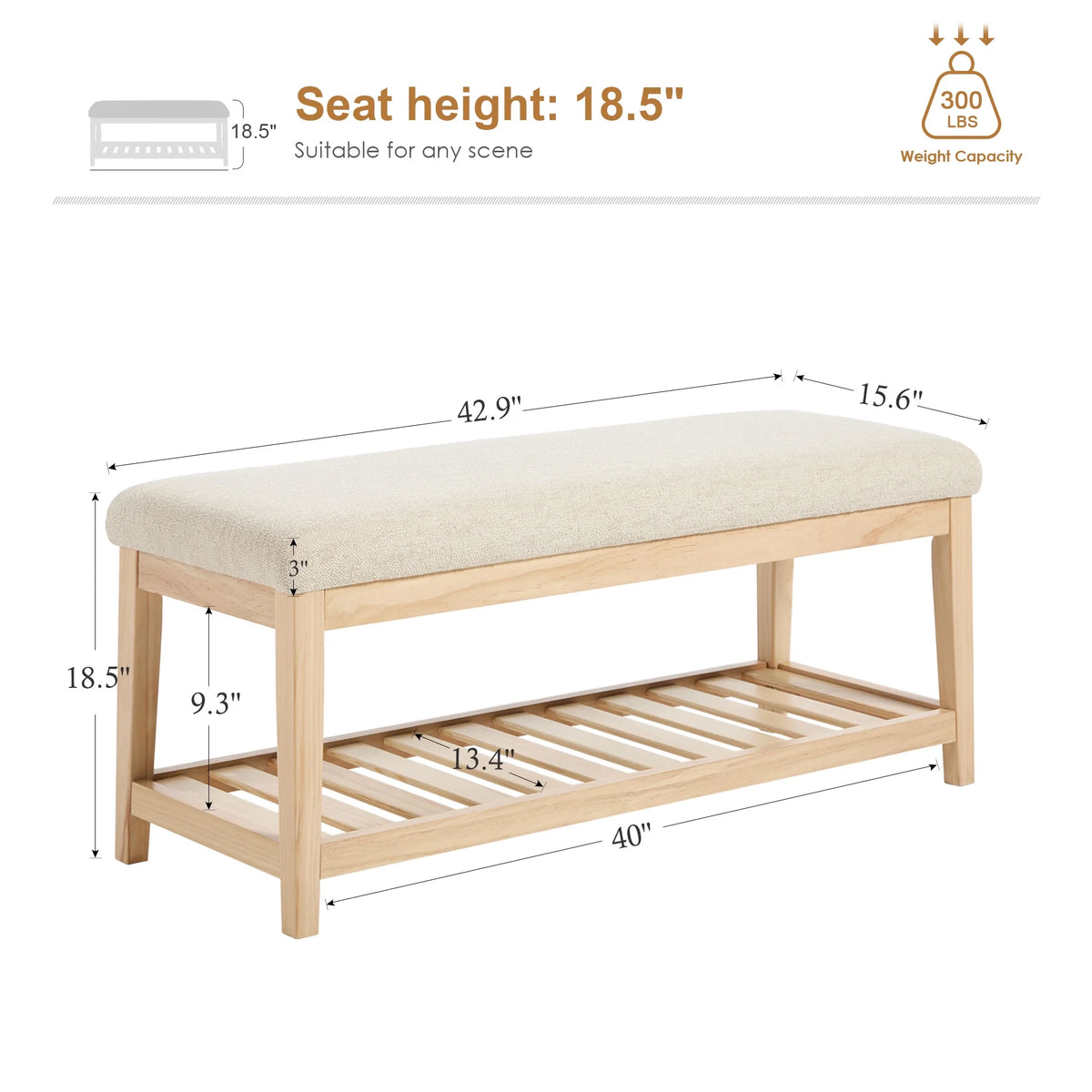 Zesthouse 42.9�?Shoe Bench with Storage, Entryway Bench for Living Room, Bedroom and Hallway, Linen Fabric Upholstered Bench with Solid Wood Shelf, Gray