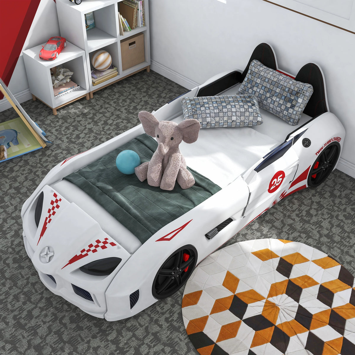 Furniture of America Dash Kids Plastic Twin Race Car Bed with LED and Sound, White