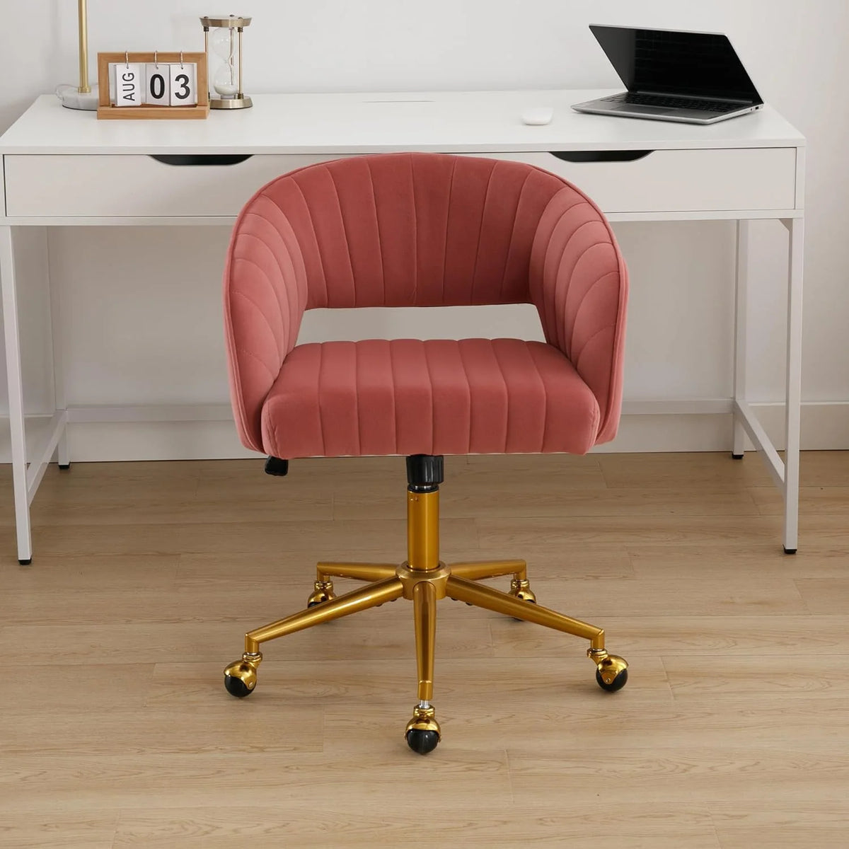 Westice Home Office Desk Chairs, Velvet Task Chair, Height Adjustable Swivel Vanity Chair with Golden Base for Vanity Study, Living Room Computer Room, Beige