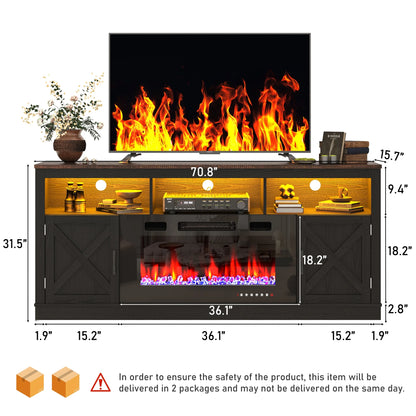 ChVans 70" Fireplace TV Stand for TVs up to 80" with 36" Electric Fireplace, Farmhouse Entertainment Center with LED, Wooden Media Console for Living Room, Bedroom