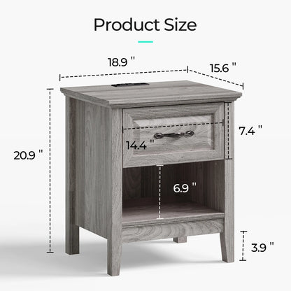 Linsy Home Nightstand for Bedroom set of 2 with Charging Station, Farmhouse End Tables for Living Room set of 2 with Drawer, Beige