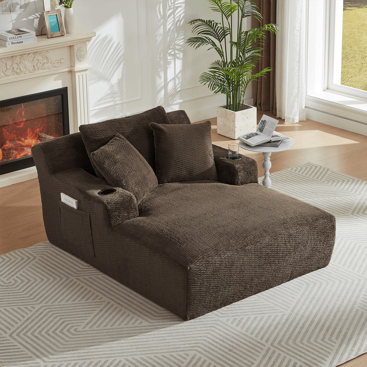 Lovableguy Oversized Chaise Lounge Chair Indoor,Comfy Deep seat Lounge Sofa with Cup Holders and Storage Pockets,Sleeper Sofa Bed for Living Room,Bedroom,No Assembly Required,Cream