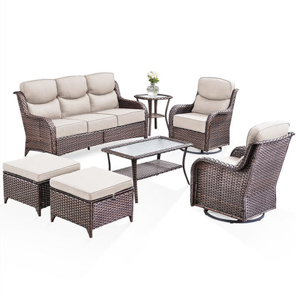 Bellefurn Luxury Outdoor Patio Furniture Set,Swivel Rocker Patio Chairs with 6-inch Thick Cushion,Patio Sofa and Glass Coffee Table,Outdoor Conversation Set for Porch, Deck, Yard