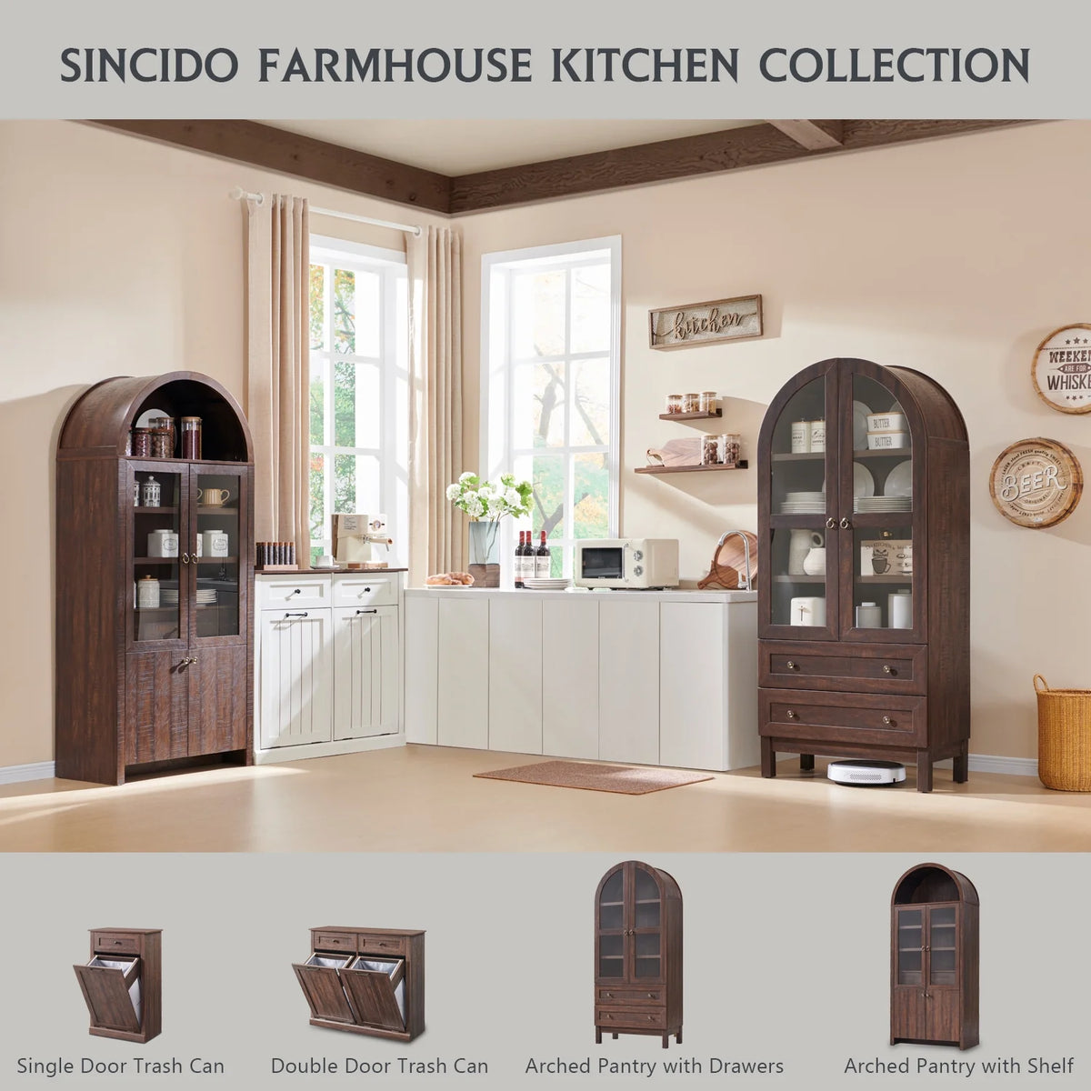 SinCiDo Arched Kitchen Pantry Storage Cabinet, 71-Inch Tall Wood Adjustable Shelves, 2 Doors, 2 Drawers