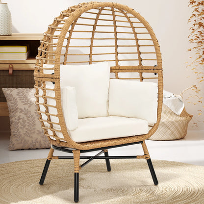 Skandiquip Oversized Rattan Adult Egg Chair, 360 Swivel, Outdoor Patio Chair with overstuffed Cushions, Indoor Large Wicker Egg Chair, Natural Rattan, Beige Cushion