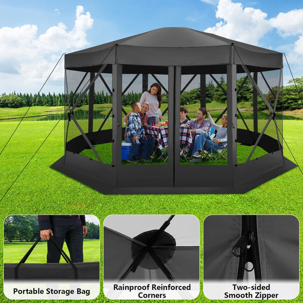 COBIZI 8x8 Pop up Gazebo Tent, Ez up Waterproof Screen Tent Screen House, Portable Outdoor Canopy Sun Shelter with 3 Sidewalls, Carry Bag & Ground Stakes for Camping, Garden and Picnics, Gray