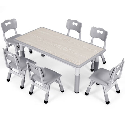 Arlopu Adjustable Kids Table and 6 Chairs Set, Toddler Play Activity Table Set with Graffiti Tabletop, Preschool Kids Furniture Table Set for Reading, Drawing, Eating