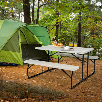 Costway Indoor & Outdoor Folding Picnic Table Bench Set w/ Wood-like Texture Grey