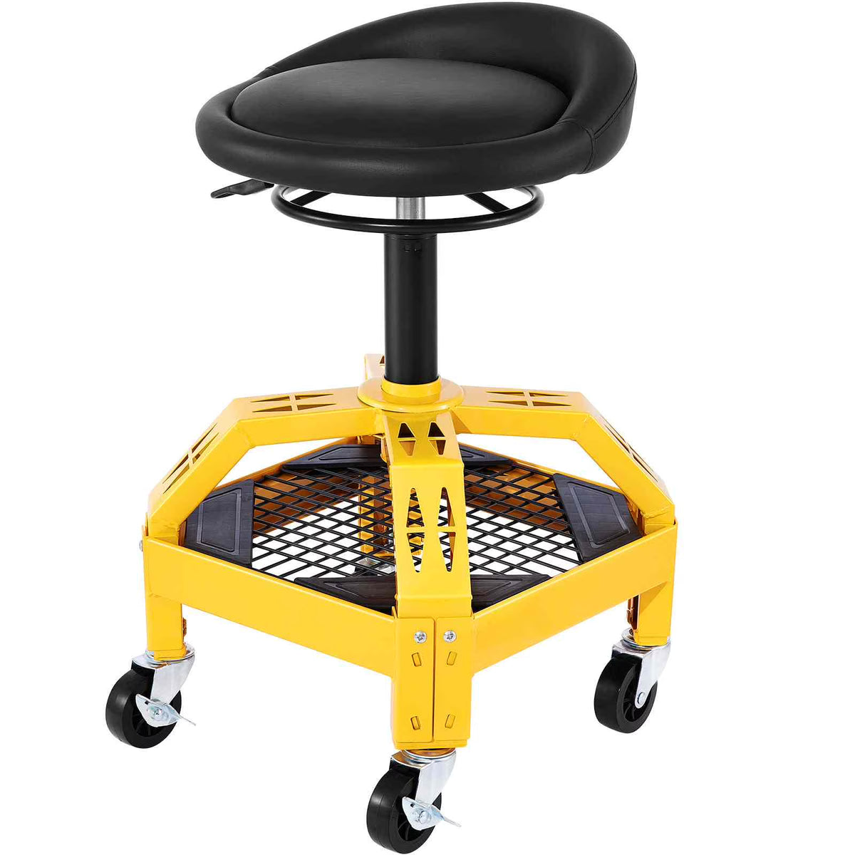 BENTISM Rolling Garage Stool, 300lbs Capacity, Adjustable Height from 24 in to 28.7 in, Mechanic Seat with 360-degree Swivel Wheels and Tool Tray, for Workshop, Auto Repair Shop, Yellow
