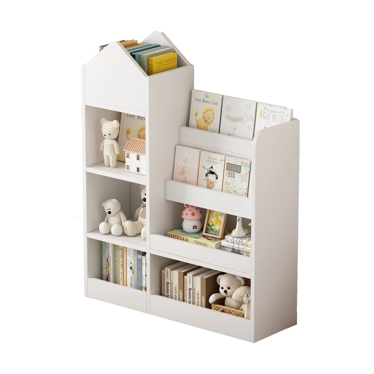 PORKISS Bookshelf for Kids, Wood Kids Bookcase with Toy Storage Organizer, Freestanding Book Shelf with 6 Compartments and 2 Baskets Bins for Kids Bedroom, Nursery, Playroom, Natural