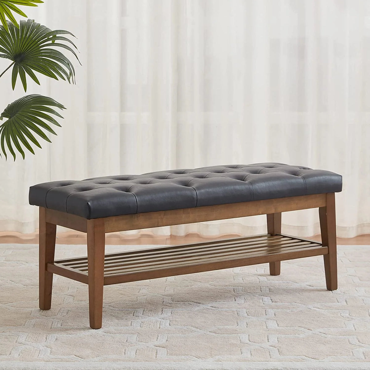 HUIMO Button-Tufted Bench for End of Bed, Entryway Bench with Upholstered Linen Fabric, Ottoman Bench for Living Room,Dining Bench for Kitchen(Beige)