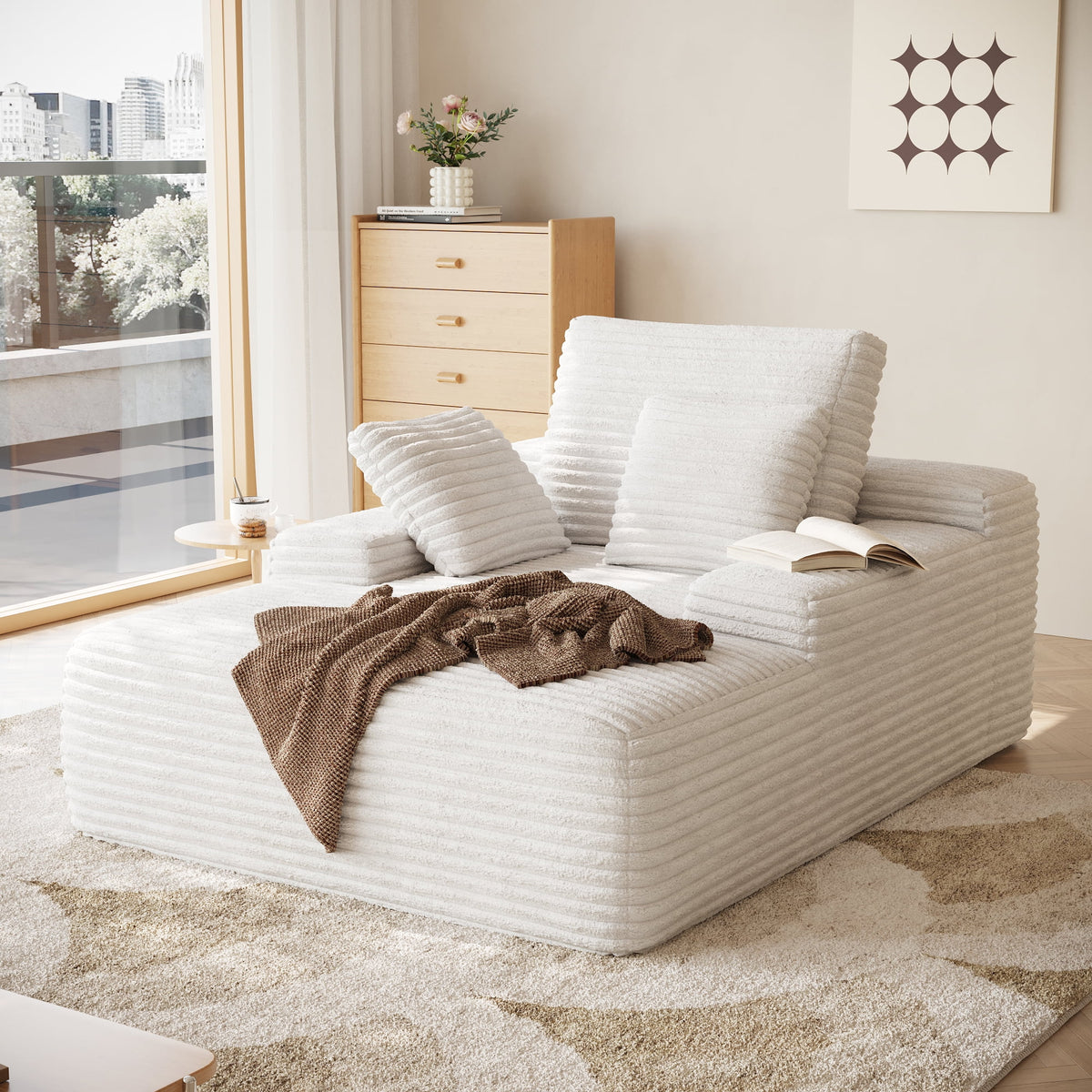 Sodrens Oversized Chaise Lounge Chair Indoor,Upholstered Sofa Bed with Throw Pillows and Armrests,Sleeper Chair for Living Room,Bedroom,Brown,Corduroy