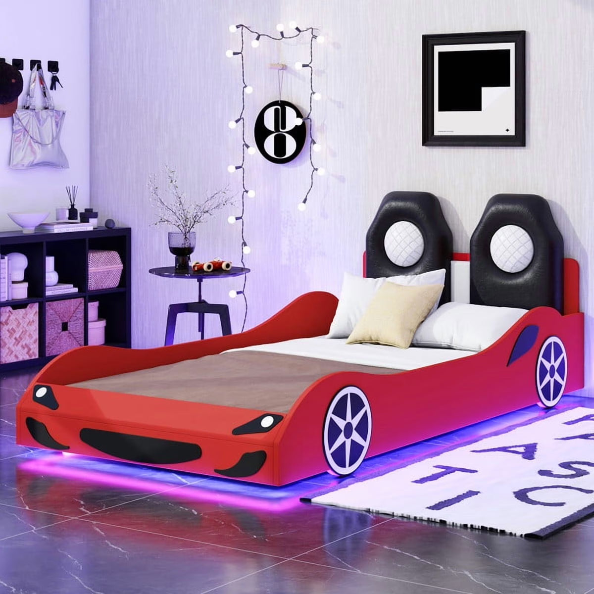 Bellemave Race Car Bed with LED Lights, Twin Size Bed Frame for Boys Kids Toddler Bed, Wooden Platform Racing Car Bed with Upholstered Backrest Headboard, No Box Spring Needed（White)