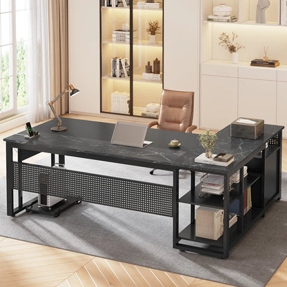 71" Executive Desk with Power Outlets, Modern L Shaped Office Desk with File Drawers and Pegboard, Large Computer Desk, Rustic Brown