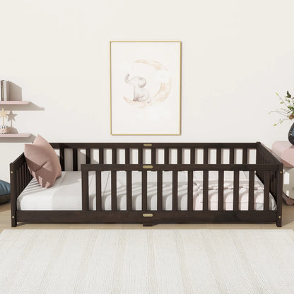 Miniyam Wooden Twin Size Floor Bed with Safety Fence for Kids, Natural