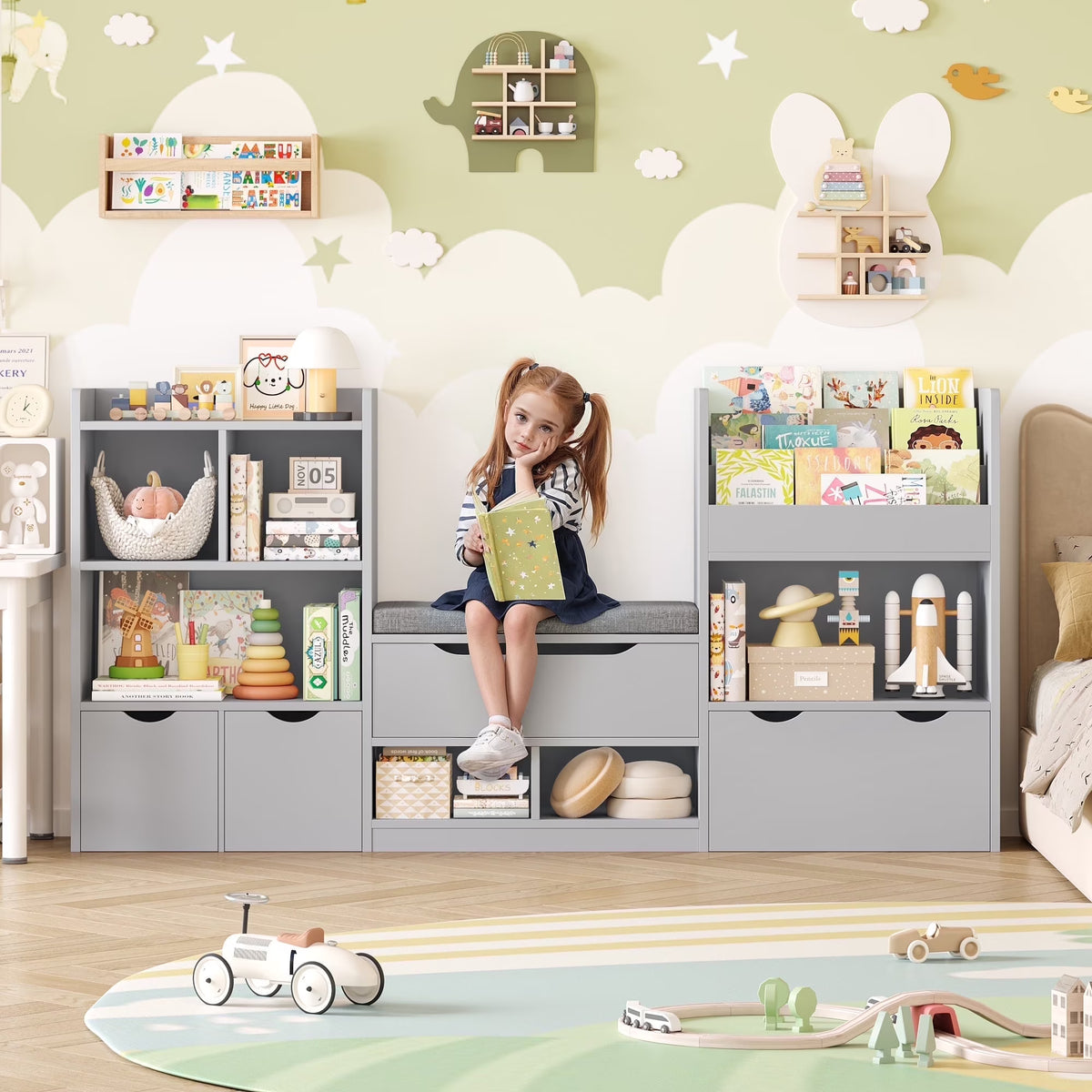 Hiphuta 72"Wide Kids Bookcase with Reading Nook and Under Bench Storage, Wooden Toy Storage Organizer & Book Rack for Kids Room, White