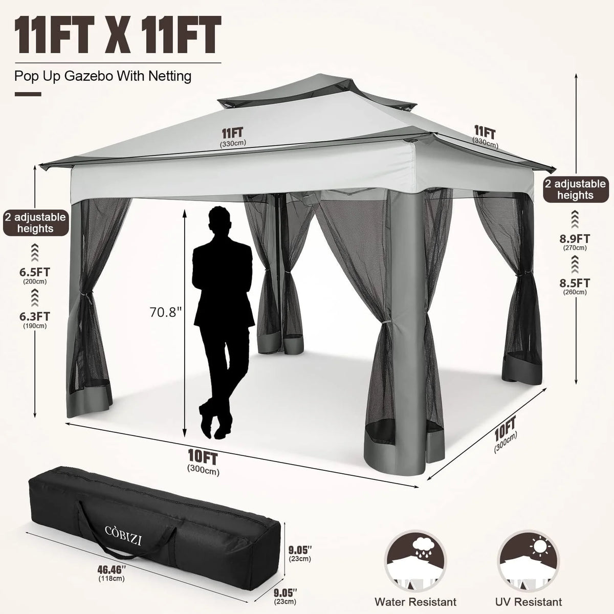 COBIZI 12x12 Outdoor Gazebo Pop Up Gazebo Canopy with Mosquito Netting Patio Tent Backyard Canopy with 2-Tiered Vented Top 3 Adjustable Height, Beige