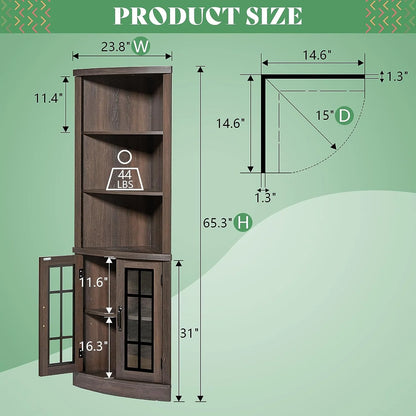 Merluxy Curved Corner Cabinet, 65" Wood Bookcase with 3 Shelves, Distressed White