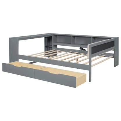 Euroco Wood Twin Size Platform Bed with Desk and Shelves, Drawers and USB Charging for Kids, Cream