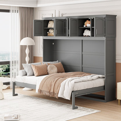 Newest Queen Size Murphy Bed Wall Bed with Top Cabinets,Gray