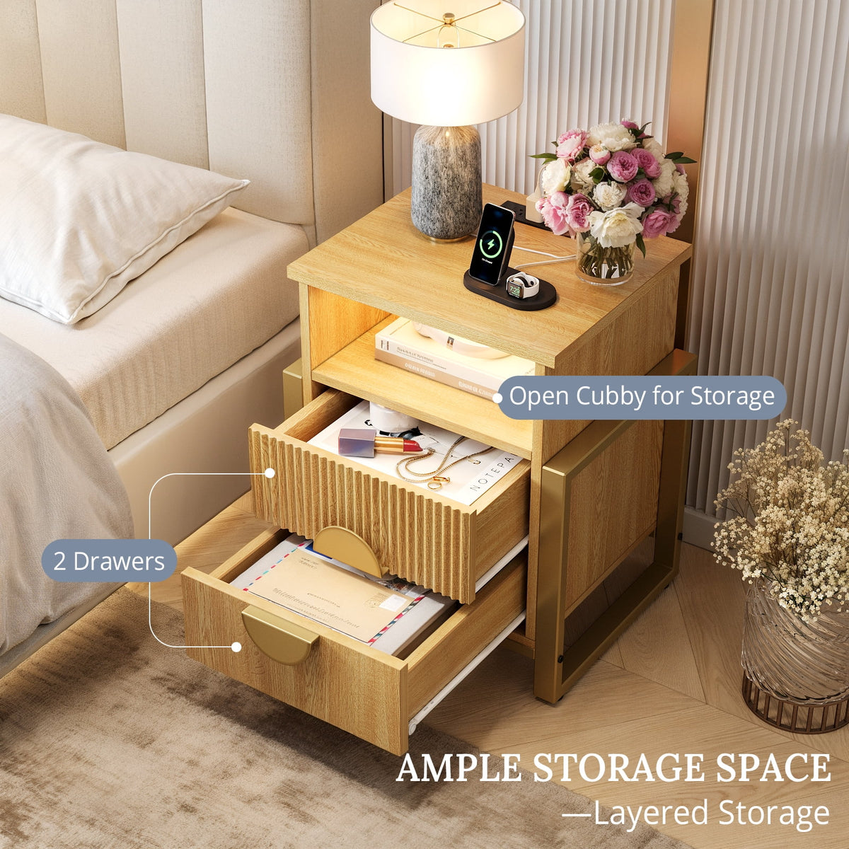 LGHM 3 Piece Bedroom Dresser and Nightstand Set, Fluted Wide Chest of Drawers, Bed Side Table End Table with LED Lights for Living Room, Black