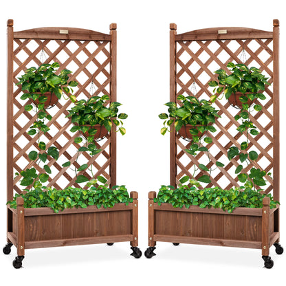 Best Choice Products 48in Mobile Wood Planter Box & Diamond Lattice Trellis, w/ Drainage Holes, Optional Wheels - Walnut