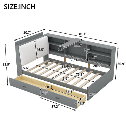 Euroco Wood Twin Size Platform Bed with Storage Headboard and Shelves, 2 Drawers Floor Bed for Kids, White