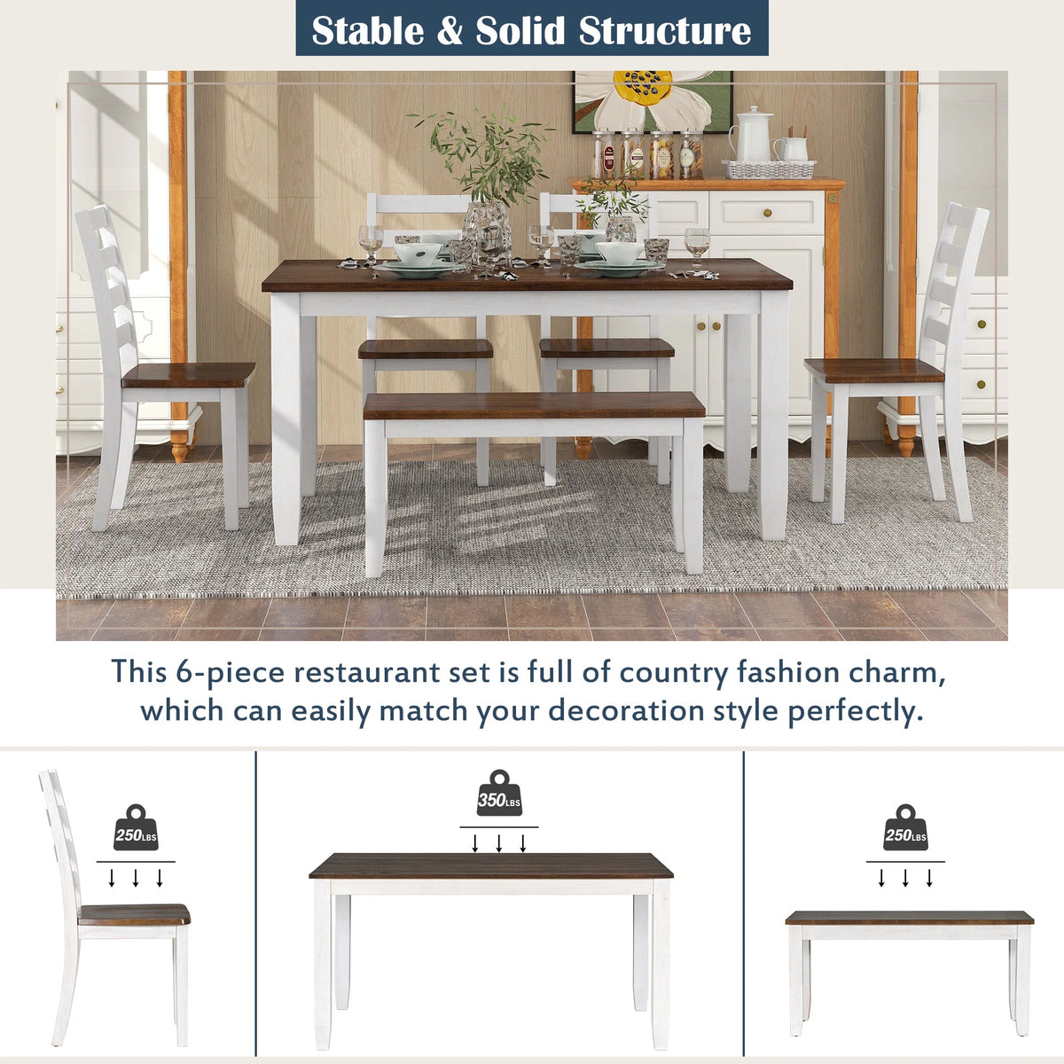 Rustic Dining table Set for 6, Wooden Rectangular Kitchen Dining Table with 4 Upholstered Dining Chairs and 1 Padded Bench, Dining Set with 4 Chairs, Dining Set for 6, Brown+Whitewash