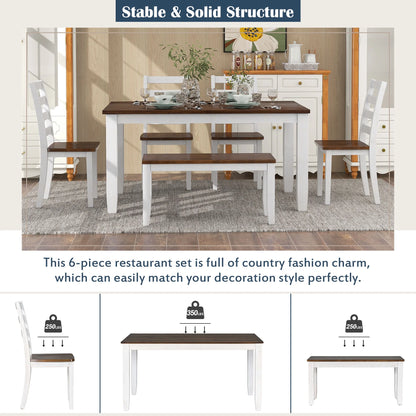 Rustic Dining table Set for 6, Wooden Rectangular Kitchen Dining Table with 4 Upholstered Dining Chairs and 1 Padded Bench, Dining Set with 4 Chairs, Dining Set for 6, Brown+Whitewash