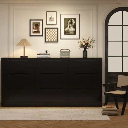 Winkalon 9 Drawers Double Dresser, Modern Wood Dresser Chest of Drawers with Large Storage Space for Bedroom,Living Room, Hallway, Black