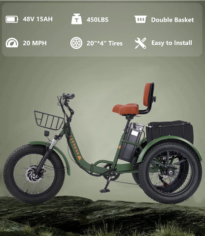 YEBEI Electric Tricycle for Adults Folding E-Trike Motorized Tricycle Electric 3 Wheels Trike Powerful 500W Motor Electric Tricycle 48V15AH Lithium Battery Max 20MPH 20*4.0” Fat Tire Orange